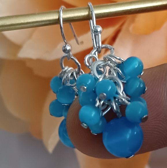 Powder Blue Beaded Cluster Earrings - Picture 5 of 6